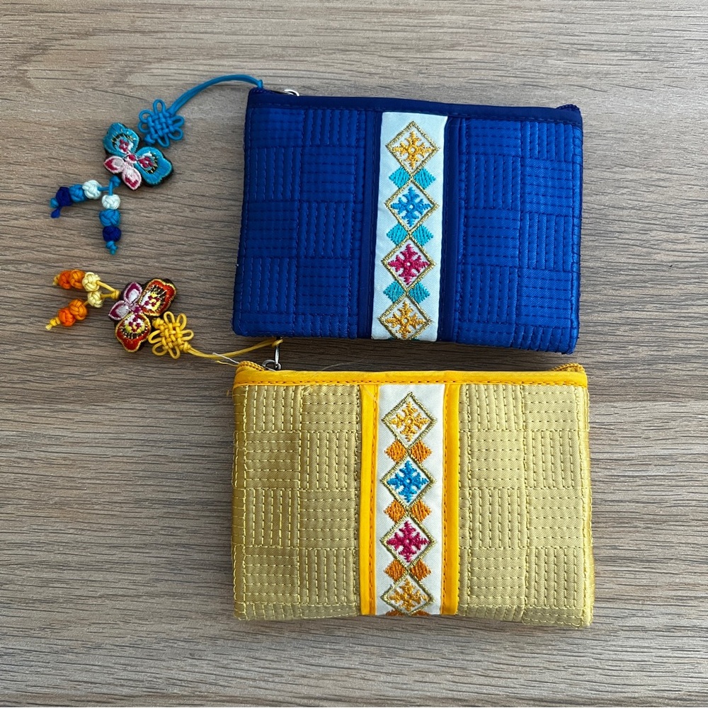 Traditional Korean Embroidered Blue and Yellow Mini Wallet Pouch